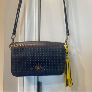 Small Perforated Leather Coach Crossbody Purse Bag NWOT Navy Blue & Neon Yellow